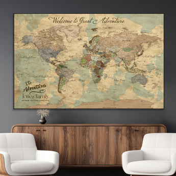 32019746-MGV-CV-36X24-Personalized World Map Wall Art – Vintage Camo Adventure Travel Map with Custom Family Names, Rustic Wall Decor for Couples, Home