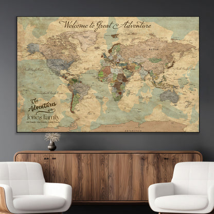 32019746-MGV-CV-36X24-Personalized World Map Wall Art – Vintage Camo Adventure Travel Map with Custom Family Names, Rustic Wall Decor for Couples, Home
