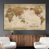 31874045-MGV-CV-36X24-Personalized World Map Wall Art – Vintage Earth Tone Adventure Map with Custom Family Names, Rustic Travel Decor for Home, Couples