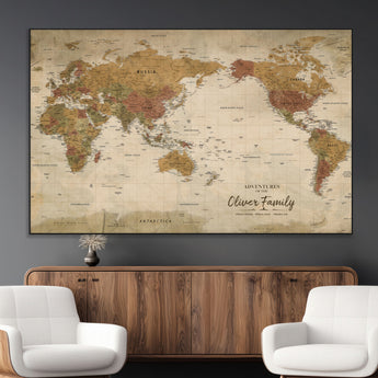 31874045-MGV-CV-36X24-Personalized World Map Wall Art – Vintage Earth Tone Adventure Map with Custom Family Names, Rustic Travel Decor for Home, Couples