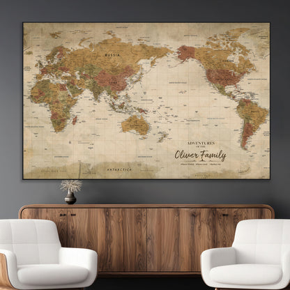 31874045-MGV-CV-36X24-Personalized World Map Wall Art – Vintage Earth Tone Adventure Map with Custom Family Names, Rustic Travel Decor for Home, Couples