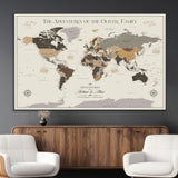 40679469-MGV-CV-36X24-Personalized World Map Wall Art – Neutral Tones Adventure Travel Map with Custom Family Names, Rustic Wall Decor for Living Room