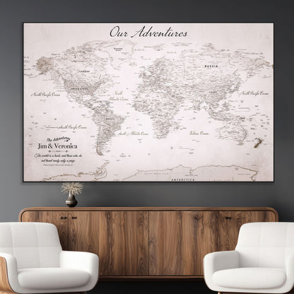 11706567-MGV-CV-36X24-Personalized World Map Wall Art – Minimalist Beige Adventure Travel Map with Custom Names, Elegant Push Pin Canvas for Couples,