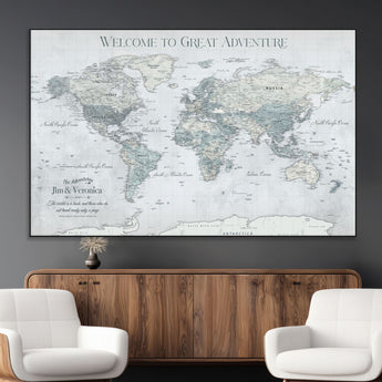 70605050-MGV-CV-36X24-Personalized World Map Wall Art – Cool Gray Adventure Travel Map with Custom Names, Elegant Push Pin Canvas for Couples, Family