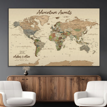 53442996-MGV-CV-36X24-Personalized World Map Wall Art – Adventure Awaits Vintage Travel Map with Custom Couple Names, Rustic Wall Decor for Home,