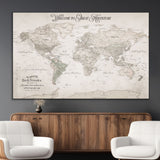93034948-MGV-CV-36X24-Personalized World Map Wall Art – Vintage Beige Adventure Travel Map with Custom Names, Elegant Push Pin Canvas for Couples,