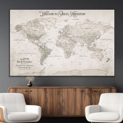 93034948-MGV-CV-36X24-Personalized World Map Wall Art – Vintage Beige Adventure Travel Map with Custom Names, Elegant Push Pin Canvas for Couples,