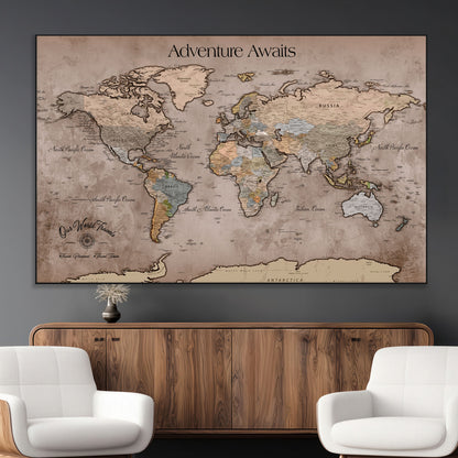93226713-MGV-CV-36X24-Personalized World Map Wall Art – Adventure Awaits Rustic Earth-Tone Travel Map with Custom Names, Vintage Wall Decor for Couples,