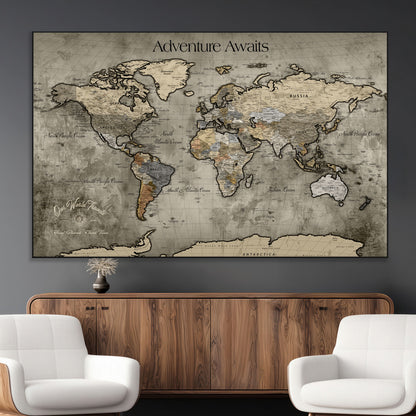 72658967-MGV-CV-36X24-Personalized World Map Wall Art – Adventure Awaits Rustic Sepia Travel Map with Custom Names, Vintage Wall Decor for Couples, Home