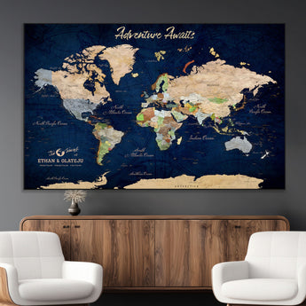 80965072-MGV-CV-36X24-Personalized World Map Wall Art – Adventure Awaits Navy Blue Travel Map with Custom Names, Rustic Vintage Wall Decor for Couples,