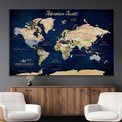 80965072-MGV-CV-36X24-Personalized World Map Wall Art – Adventure Awaits Navy Blue Travel Map with Custom Names, Rustic Vintage Wall Decor for Couples,