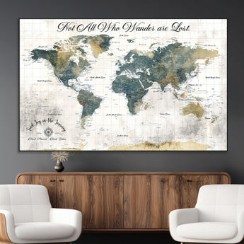 16233493-MGV-CV-36X24-Personalized World Map Wall Art – Rustic Blue Green Wanderlust Travel Map with Custom Couple Names, Vintage Wall Decor for Home