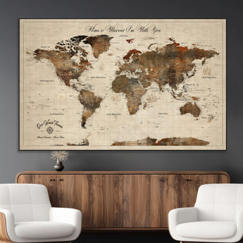 48225643-MGV-CV-36X24-Personalized World Map Wall Art – Rustic Vintage Adventure Travel Map with Custom Couple Names, Romantic Wall Decor for Home or
