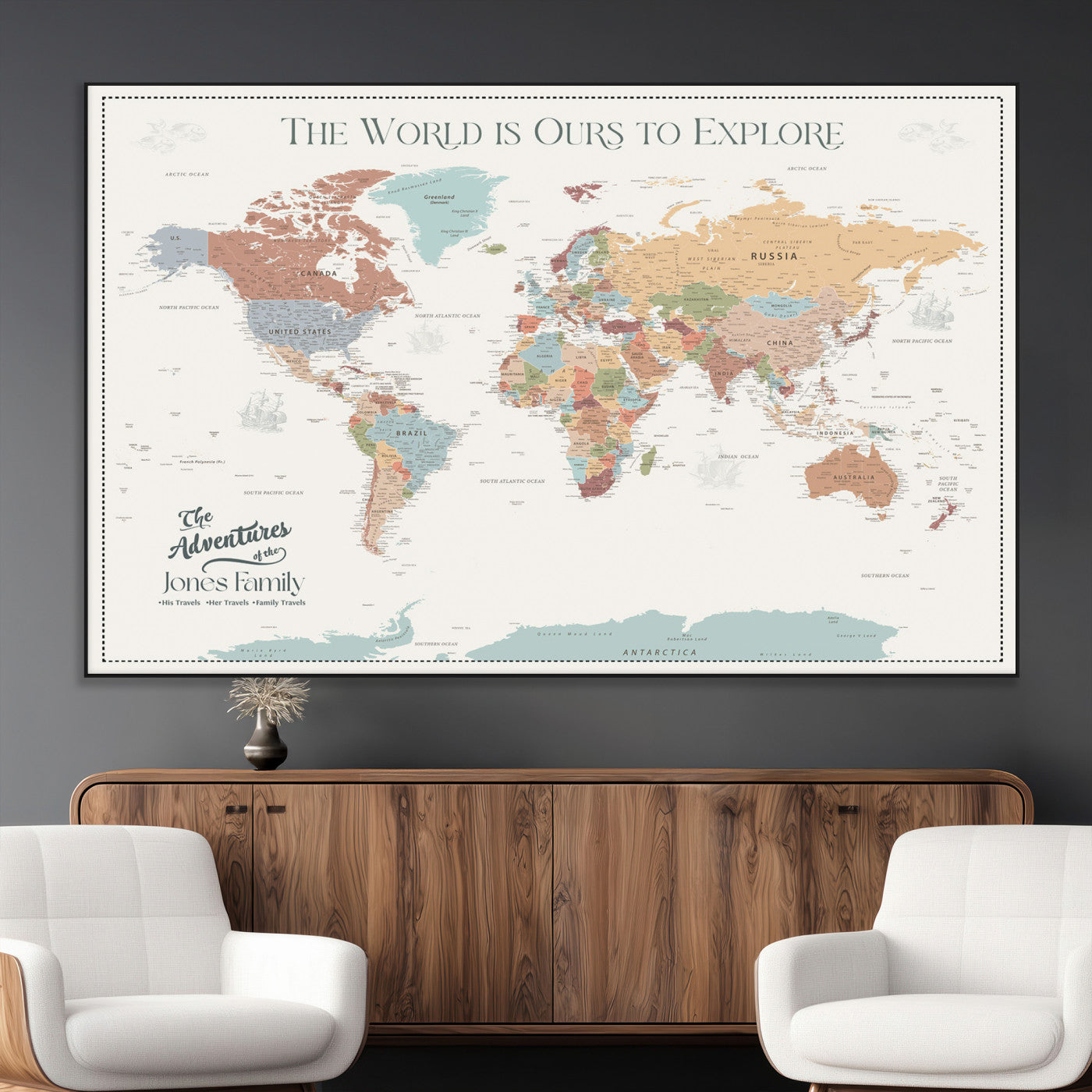 69180591-MGV-CV-36X24-Personalized World Map Wall Art – Rustic Vintage Adventure Travel Map with Custom Family Names, Unique Wall Decor for Couples,