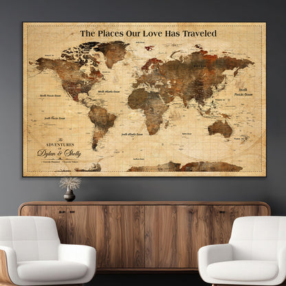 50680593-MGV-CV-36X24-Personalized World Map Wall Art – Rustic Brown Adventure Travel Map with Custom Names, Elegant Push Pin Canvas for Couples Home,