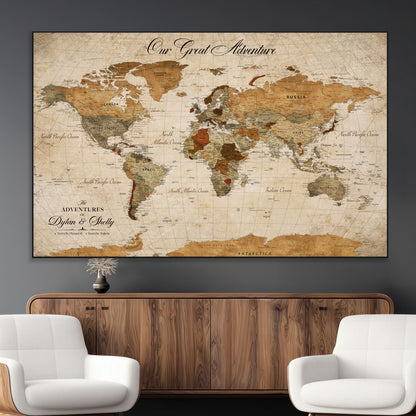 91961147-MGV-CV-36X24-Personalized World Map Wall Art – Vintage Sepia Adventure Travel Map with Custom Couple Names, Rustic Wall Decor for Home, Couples
