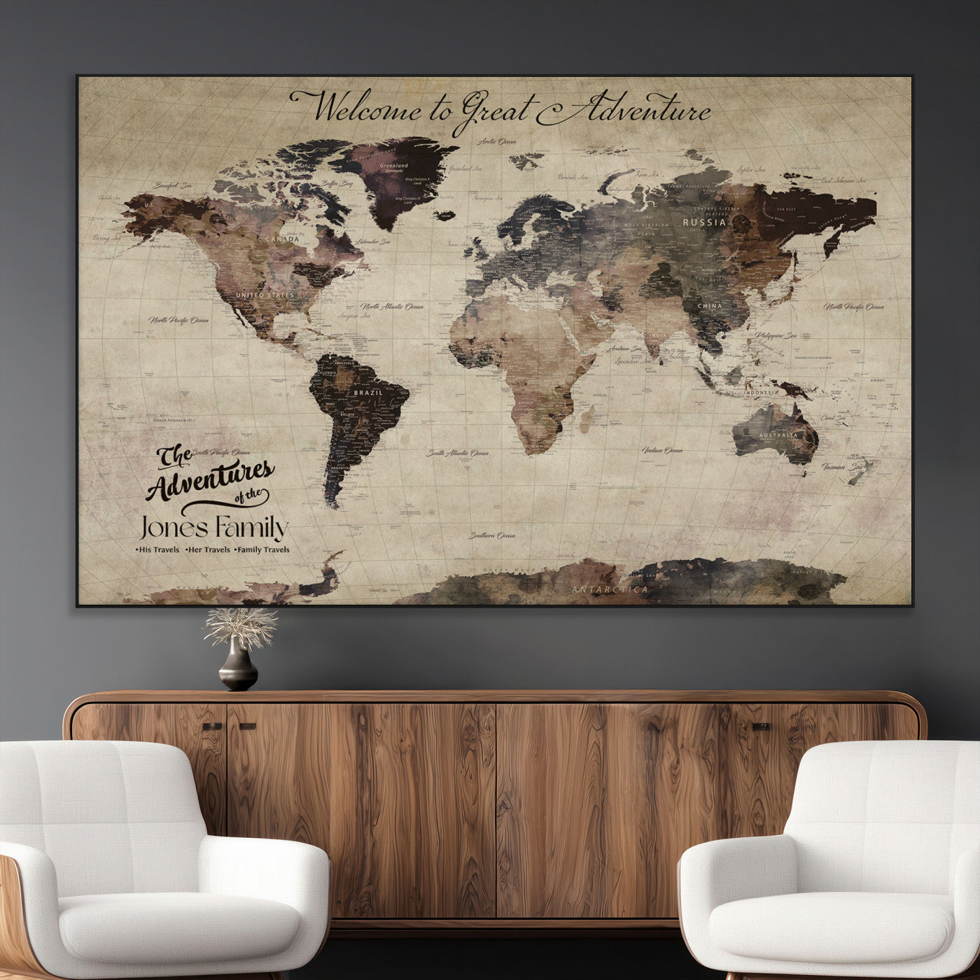 78610079-MGV-CV-36X24-Personalized World Map Wall Art – Vintage Rustic Travel Map with Custom Family Name, Adventure Wall Decor for Home, Family Gift or