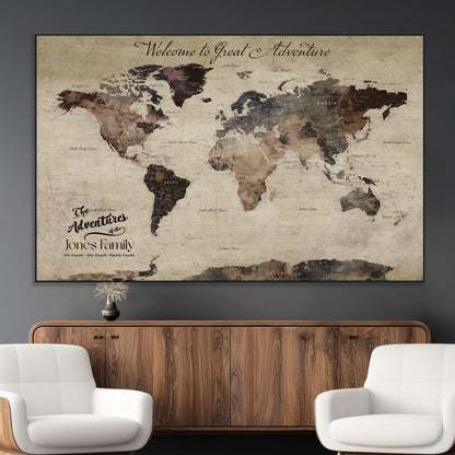 78610079-MGV-CV-36X24-Personalized World Map Wall Art – Vintage Rustic Travel Map with Custom Family Name, Adventure Wall Decor for Home, Family Gift or