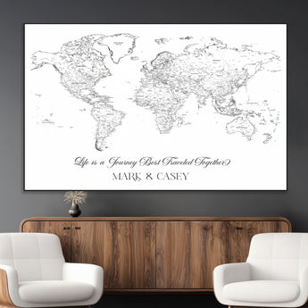 43438578-MGV-CV-36X24-Personalized World Map Wall Art – Black and White Minimal Travel Map with Custom Names, Elegant Wall Decor for Couples, Wedding or