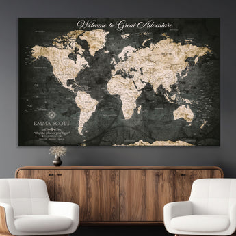 70534097-MGV-CV-36X24-Personalized World Map Wall Art – Dark Vintage Adventure Style Travel Map with Custom Names, Unique Wall Decor for Couples, Home