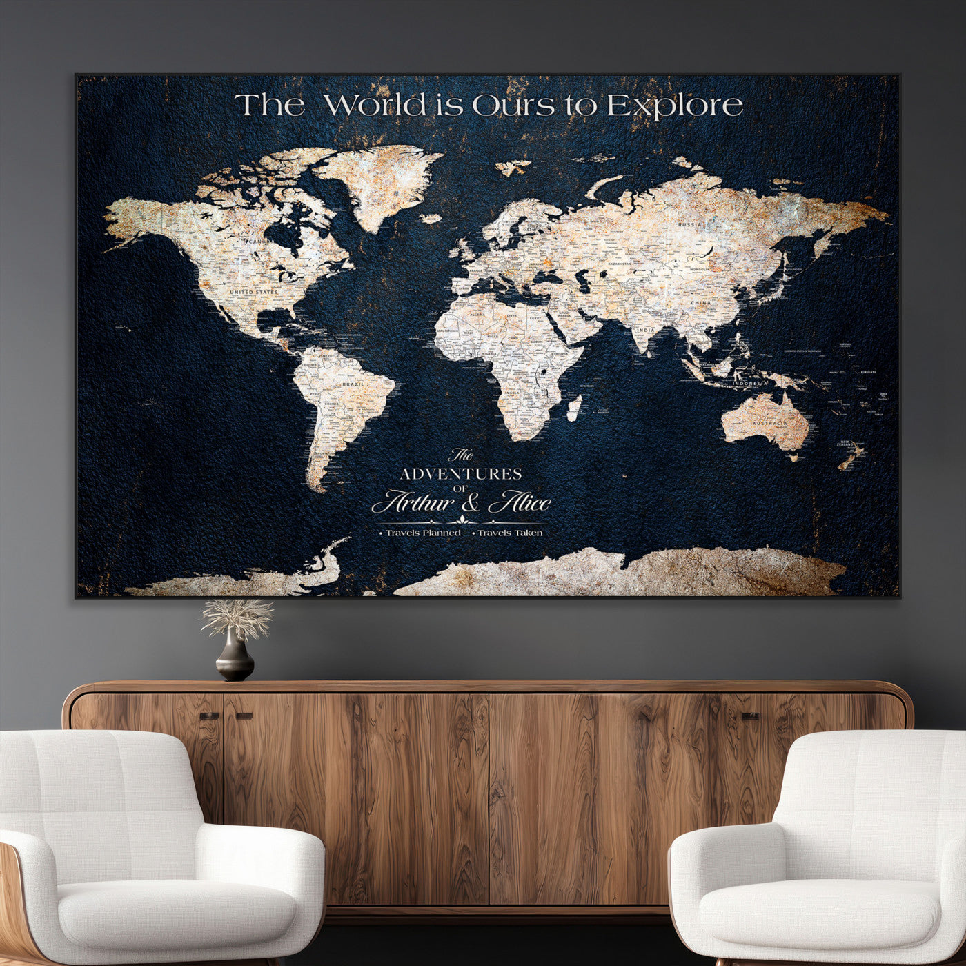 13231361-MGV-CV-36X24-Personalized World Map Wall Art – Navy Blue Vintage Adventure Travel Map with Custom Names, Elegant Push Pin Canvas for Couples