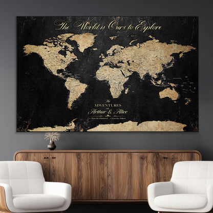 98947257-MGV-CV-36X24-Personalized World Map Wall Art – Vintage Black Adventure Travel Map with Custom Names, Elegant Push Pin Canvas for Couples Home