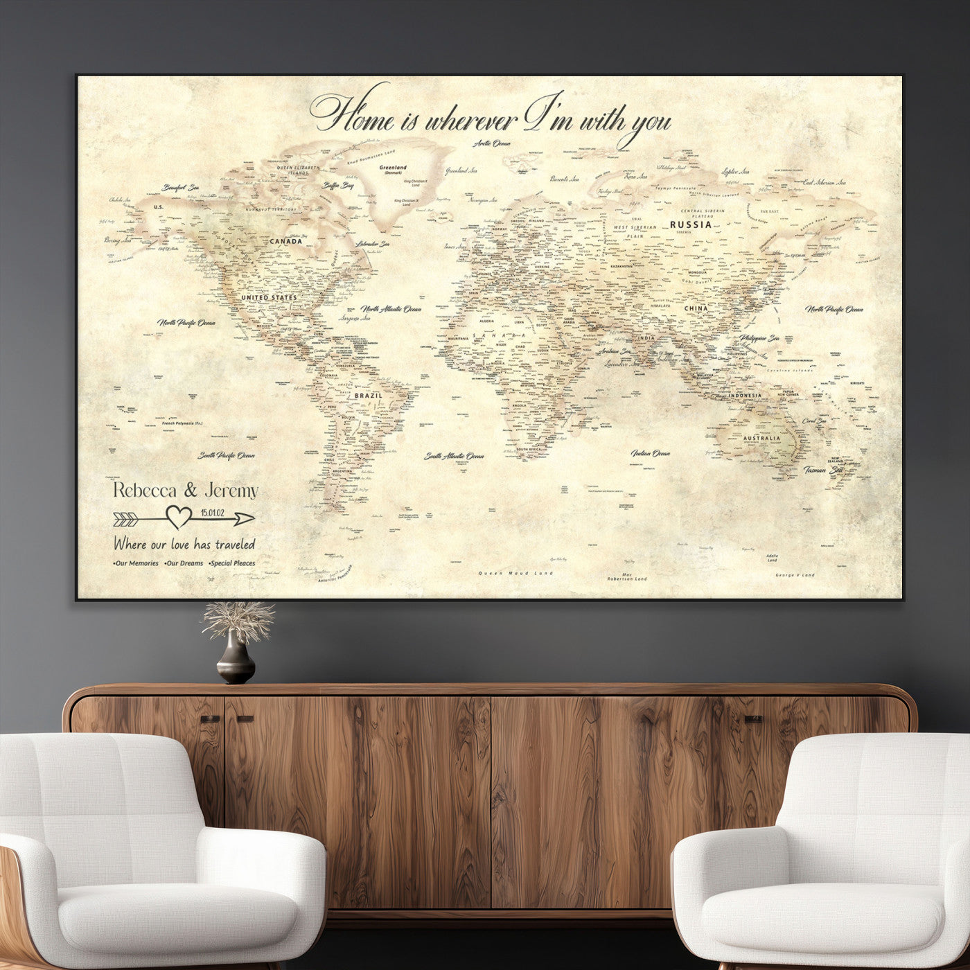 57950315-MGV-CV-36X24-Personalized World Map Wall Art – Vintage Beige Travel Map with Custom Names, Romantic Anniversary Gift for Couples, Adventure