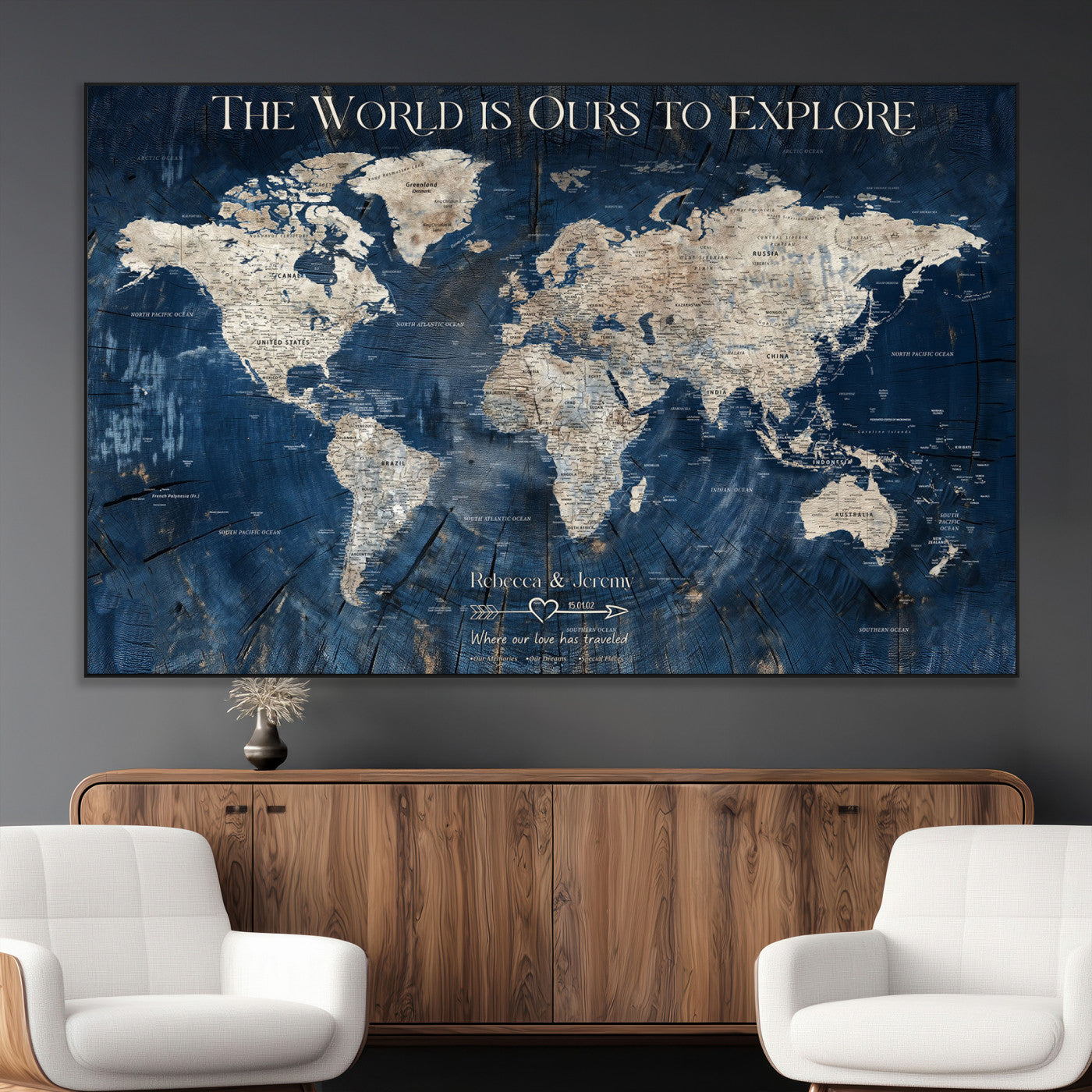16933330-MGV-CV-36X24-Personalized World Map Wall Art – Navy Blue Vintage Travel Map with Custom Names, Anniversary Gift for Couples Romantic Adventure