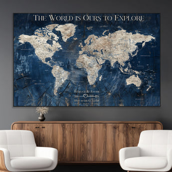16933330-MGV-CV-36X24-Personalized World Map Wall Art – Navy Blue Vintage Travel Map with Custom Names, Anniversary Gift for Couples Romantic Adventure