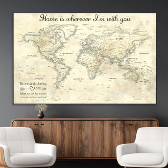 35009043-MGV-CV-36X24-Personalized World Map Wall Art – Vintage Beige Travel Map with Custom Names and Date, Romantic Anniversary Gift for Couples Home