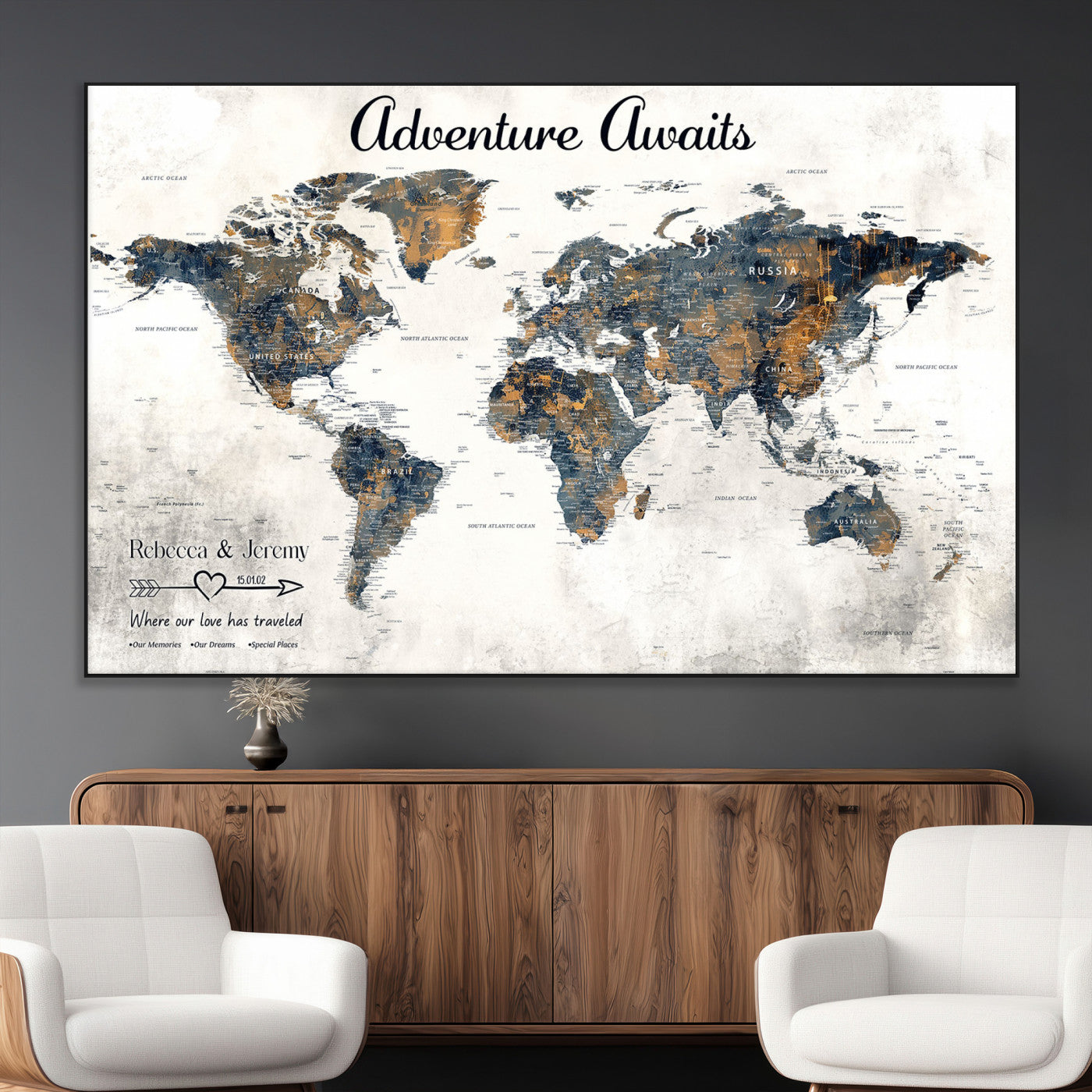 11751559-MGV-CV-36X24-Personalized World Map Wall Art – Elegant Adventure Travel Tracker Map for Couples & Families, Push Pin Canvas Poster Decor for Home, Office