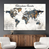 11751559-MGV-CV-36X24-Personalized World Map Wall Art – Elegant Adventure Travel Tracker Map for Couples & Families, Push Pin Canvas Poster Decor for Home, Office