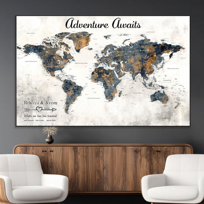 11751559-MGV-CV-36X24-Personalized World Map Wall Art – Elegant Adventure Travel Tracker Map for Couples & Families, Push Pin Canvas Poster Decor for Home, Office