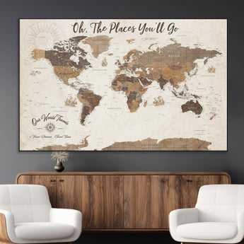 14140137-MGV-CV-36X24-Personalized World Map Wall Art – Vintage Nautical Adventure Map with Ships and Compass, Rustic Sepia Tones for Travel Lovers and