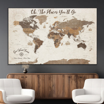 14140137-MGV-CV-36X24-Personalized World Map Wall Art – Vintage Nautical Adventure Map with Ships and Compass, Rustic Sepia Tones for Travel Lovers and