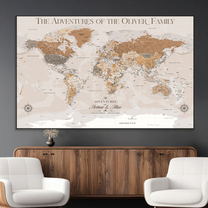 34289723-MGV-CV-36X24-Personalized World Map Wall Art – Elegant Beige and Brown Adventure Map Canvas Print for Family Home, Living Room, Study or Office