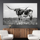 83785-MGV-CV-36X24-Texas Longhorn Wall Art Canvas Print, Framed Horned Bull Art Picture Print, Monochrome Cattle Perfect Rustic Western Decor Artwork