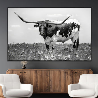 83785-MGV-CV-36X24-Texas Longhorn Wall Art Canvas Print, Framed Horned Bull Art Picture Print, Monochrome Cattle Perfect Rustic Western Decor Artwork