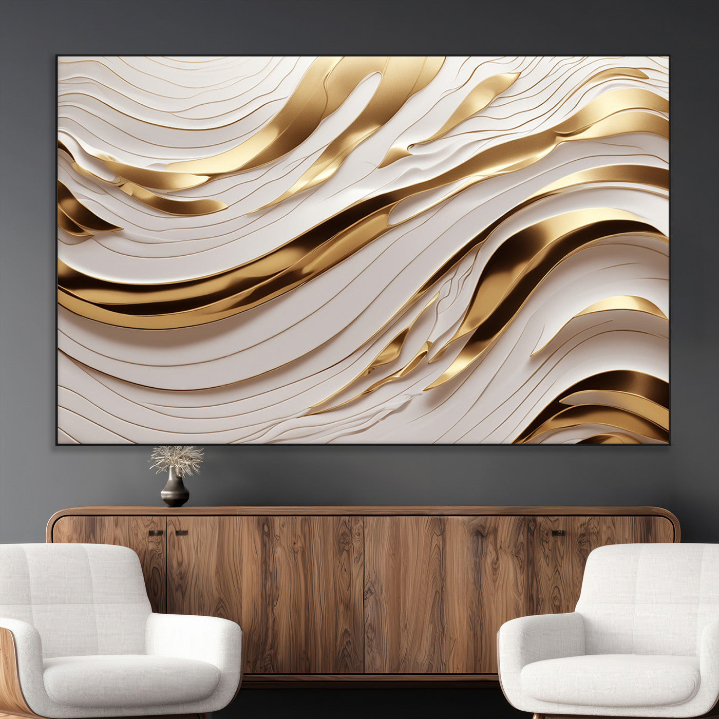 41237-MGV-CV-36X24-Gold Waves Wall Art Canvas Print, Framed Elegant Flow Art Picture Print, Luxury Layers Perfect Minimal Luxe Decor Artwork