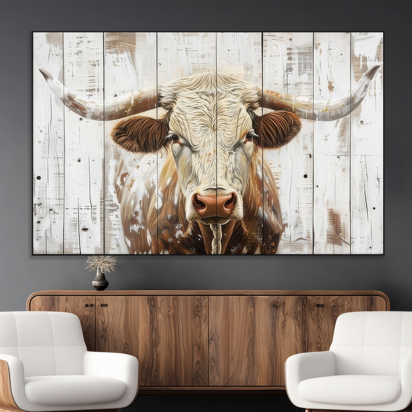 10840-MGV-CV-36X24-Texas Longhorn Wall Art Canvas Print, Framed Rustic Bull Art Picture Print, Western Cattle Perfect Rustic Western Decor Artwork