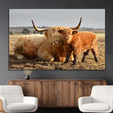 88780-MGV-CV-36X24-Highland Cow Wall Art Canvas Print, Framed Cow Calf Art Picture Print, Scottish Cattle Perfect Rustic Farmhouse Decor Artwork