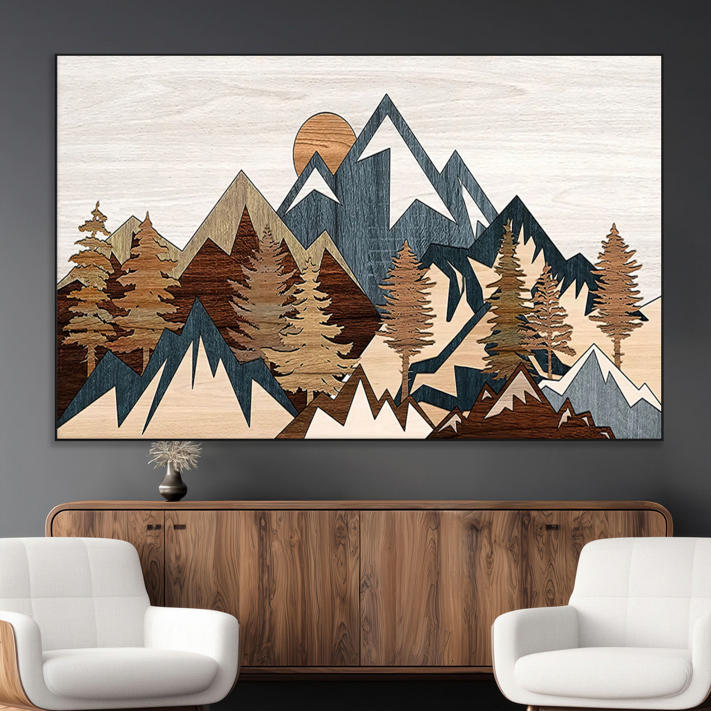 80300-MGV-CV-36X24-Geometric Mountains Wall Art Canvas Print, Framed Stylized Trees Art Picture Print, Graphic Forest Perfect Rustic Abstract Decor