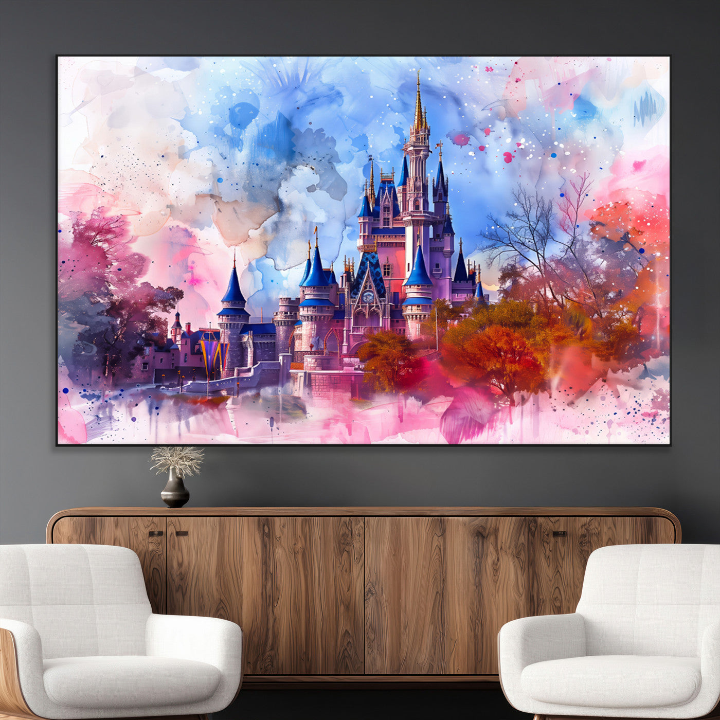 15129-MGV-CV-36X24-Disney Castle Wall Art Canvas Print, Framed Cinderella Palace Art Picture Print, Fantasy Kingdom Perfect Whimsical Fairytale Decor