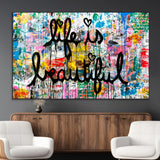 36856-MGV-CV-36X24-Life Is Beautiful Wall Art – Colorful Graffiti Canvas Print, Modern Street Style Artwork, Inspirational Decor for Living Room,