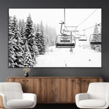 49274-MGV-CV-36X24-Snowy Forest Wall Art Canvas Print, Framed Ski Lift Art Picture Print, Mountain Snow Perfect Minimal Winter Lodge Decor Artwork