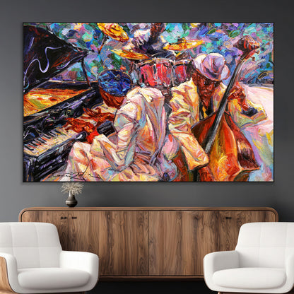 13675-MGV-CV-36X24-Jazz Band Wall Art Canvas Print, Framed Jazz Oil Painting Art Picture Print, Vibrant Music Perfect Abstract Musical Decor Artwork