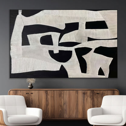 33714-MGV-CV-36X24-Monochrome Design Wall Art Canvas Print, Framed Modern Linework Art Picture Print, Textured Shapes Perfect Monochrome Modern Decor