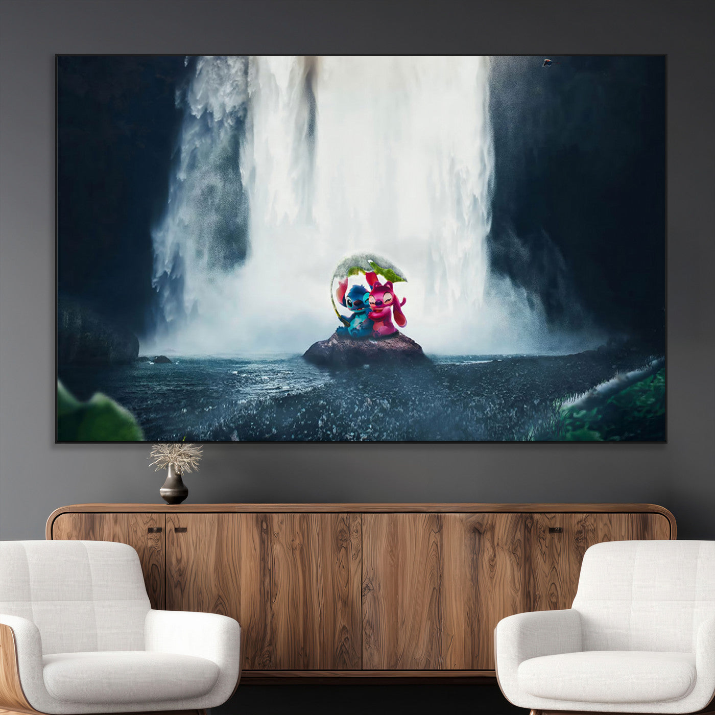 32259-MGV-CV-36X24-Stitch Angel Wall Art Canvas Print, Framed Stitch Waterfall Art Picture Print, Cartoon Couple Perfect Moody Fantasy Decor Artwork
