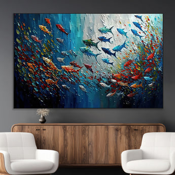 89626-MGV-CV-36X24-Fish Swarm Wall Art Canvas Print, Framed Abstract Ocean Art Picture Print, Underwater Life Perfect Vibrant Coastal Decor Artwork