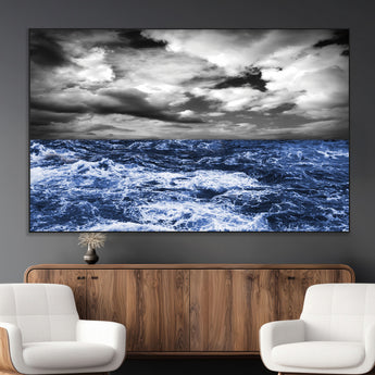 91043-MGV-CV-36X24-Stormy Ocean Wall Art Canvas Print, Framed Moody Seascape Art Picture Print, Monochrome Sea Perfect Coastal Drama Decor Artwork